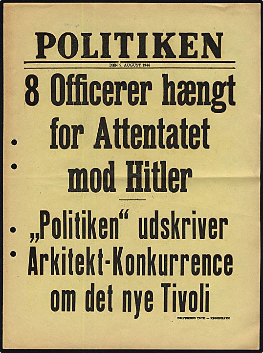 Løbeseddel for dagbladet: Politiken d. 9.8.1944: 8 Officerer hængt for Attentatet mod Hitler.