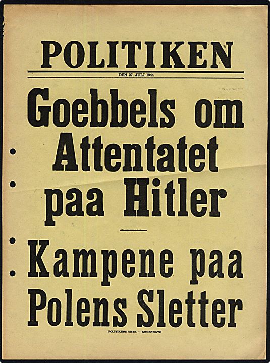 Løbeseddel for dagbladet: Politiken d. 27.7.1944: Goebbels om Attentatet paa Hitler.