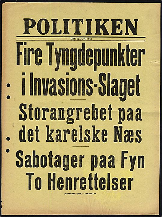 Løbeseddel for dagbladet: Politiken d. 12.6.1944: Fire Tyngdepunkter i Invasions-Slaget.