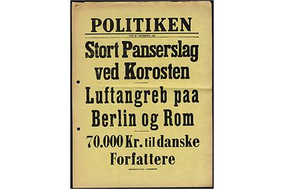 Løbeseddel for dagbladet: Politiken d. 30.12.1943: Stort Panserslag ved Korosten.