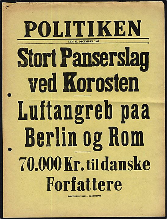 Løbeseddel for dagbladet: Politiken d. 30.12.1943: Stort Panserslag ved Korosten.