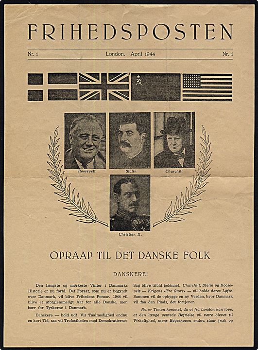 Frihedsposten Nr. 1 april 1944. Falsk flyveblad nedkastet af tyske flyvemaskiner over København d. 27.4.1944. 