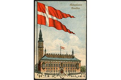 Købh., Tegnet kort med Københavns Raadhus og Dannebrog. Alex Vincents Kunstforlag no. 172/3. Med 10 øre Fr. VIII annulleret Helsinge d. 15.12.1909 til USA. Ej leveret og returneret. Mange påtegninger og stempler. 