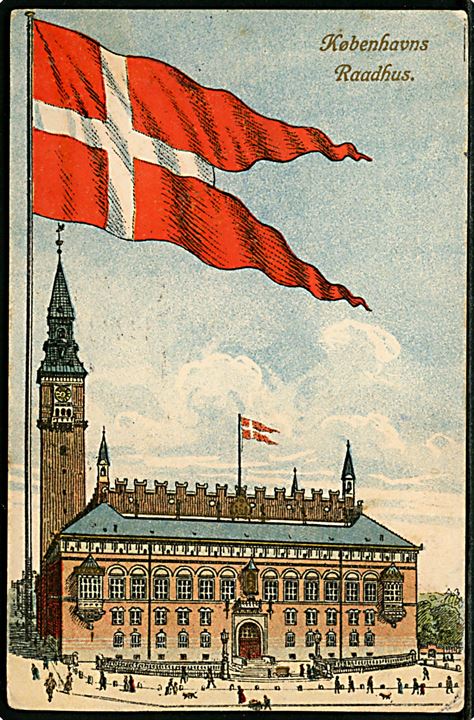 Købh., Tegnet kort med Københavns Raadhus og Dannebrog. Alex Vincents Kunstforlag no. 172/3. Med 10 øre Fr. VIII annulleret Helsinge d. 15.12.1909 til USA. Ej leveret og returneret. Mange påtegninger og stempler. 