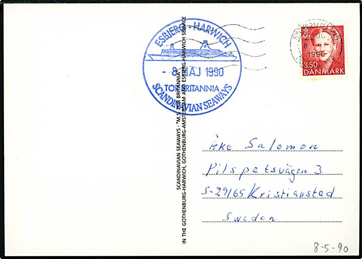 Tor Britannia, M/S, DFDS Scandinavian Seaways. Frankeret med 3,50 kr. Margrethe annulleret Sydvestjyllands Postcenter d. 8.5.1990 og sidestemplet Esbjerg-Harwich Tor Britannia Scandinavian Seaways d. 8.5.1990 til Sverige.