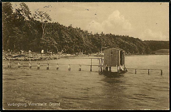 Vordingborg, Vintersbølle Strand med badebro. Stenders no. 47552.