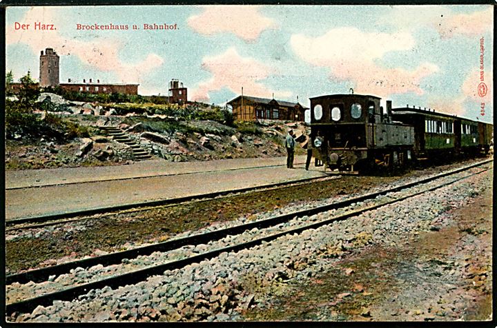 Tyskland, Harz, Brockenhaus med jernbanestation og damptog. 