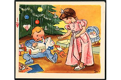 Illa Winkelhorn: Børn åbner julegaver. Klapkort dateret Julen 1953. Stenders serie 734.
