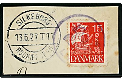 15 øre Karavel annulleret med svagt posthornstempel LYSBRO og sidestemplet bureau Silkeborg  Rødkærsbro T.17 d. 13.6.1927. Sjældent posthornstempel.