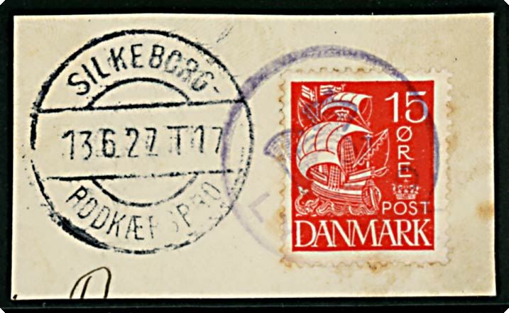 15 øre Karavel annulleret med svagt posthornstempel LYSBRO og sidestemplet bureau Silkeborg  Rødkærsbro T.17 d. 13.6.1927. Sjældent posthornstempel.