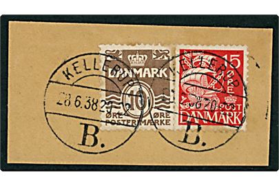 10 øre Bølgelinie og 15 øre Karavel på brevstykke annulleret brotype Vc Kellerup B. d. 28.6.1938.