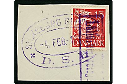15 øre Karavel på brevstykke annulleret med violet ovalt jernbanestempel Silkeborg Godseksp. * D.S.B. * d. 4.2.1935 og rammestempel Letfordærvelige Varer.
