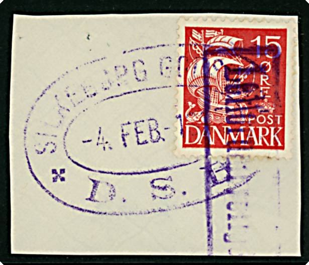 15 øre Karavel på brevstykke annulleret med violet ovalt jernbanestempel Silkeborg Godseksp. * D.S.B. * d. 4.2.1935 og rammestempel Letfordærvelige Varer.