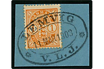 1 øre Våben på brevstykke annulleret med ovalt jernbanestempel Lemvig * V.L.J. * (= Vemb-Lemvig Jernbane) d. 11.3.1903.
