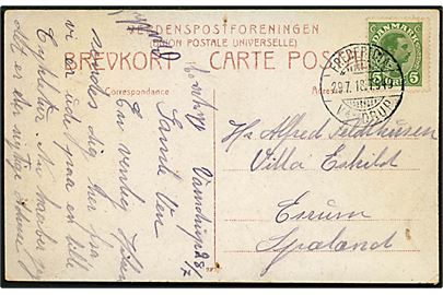 5 øre Chr. X på brevkort (Grænsen ved Farris) dateret i Vamdrup og annulleret bureau Fredericia - Vamdrup T.949 d. 29.7.1918 til Esrum.