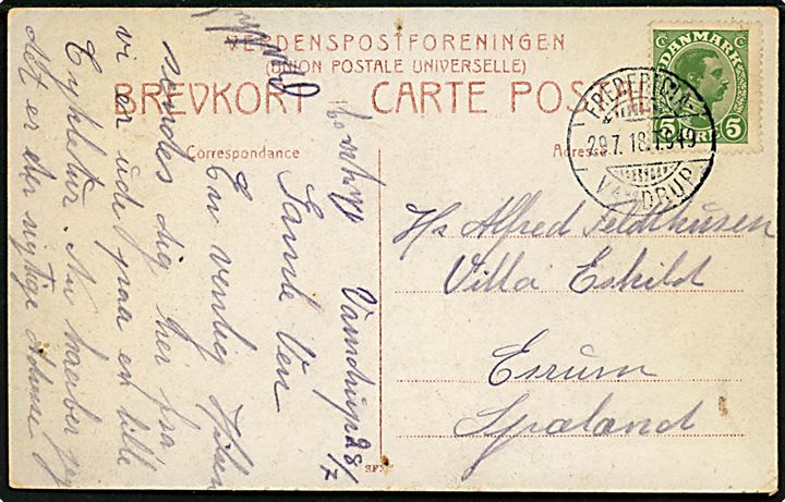 5 øre Chr. X på brevkort (Grænsen ved Farris) dateret i Vamdrup og annulleret bureau Fredericia - Vamdrup T.949 d. 29.7.1918 til Esrum.