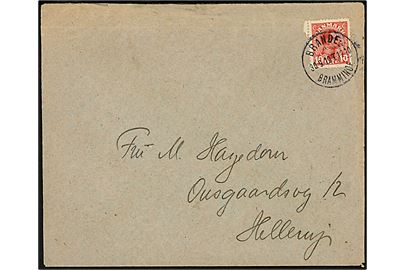 10 øre Chr. X på brev annulleret bureau Brande - Bramminge T.1210 d. 30.9.1919 til Hellerup. Fold ved mærke. 