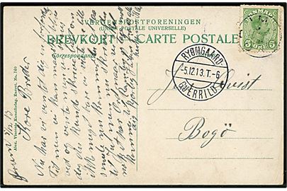 5 øre Chr. X på brevkort annulleret med svagt stjernestempel ØRUM og sidestemplet bureau Ryomgaard - Gjerrild T.6 d. 5.12.1913 til Bogø.