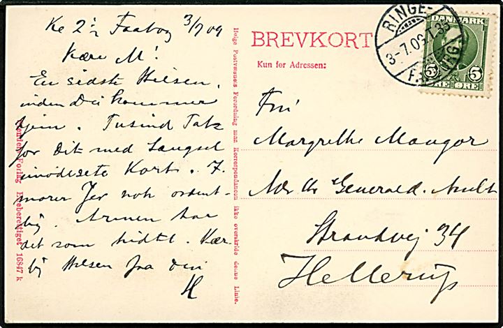 5 øre Fr. VIII på brevkort fra Faaborg annulleret bureau Ringe - Faaborg T.35 d. 3.7.1909 til Hellerup.