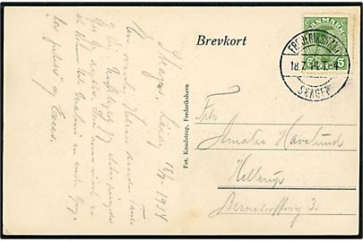 5 øre Chr. X på brevkort (Klitgaarden, Kongens sommerbolig ved Skagen) annulleret med bureau Skagen - Frederikshavn T.4 d. 18.7.1914 til Hellerup.
