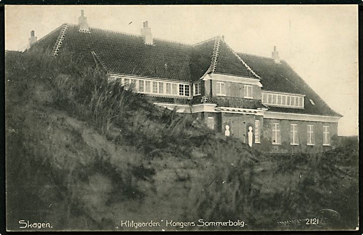 5 øre Chr. X på brevkort (Klitgaarden, Kongens sommerbolig ved Skagen) annulleret med bureau Skagen - Frederikshavn T.4 d. 18.7.1914 til Hellerup.