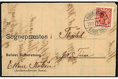 10 øre Chr. X på Befalet Indberetning med fødselsanmeldelse annulleret bureau Ringkjøbing - Nørre-Omme T.5 d. 23.11.1919 til Thorsted pr. Tim.