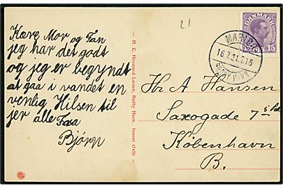 15 øre Chr. X på brevkort (Parti fra Rødby Havn) annulleret med bureaustempel Maribo - Rødby Havn T.16 d. 16.7.1921 til København.