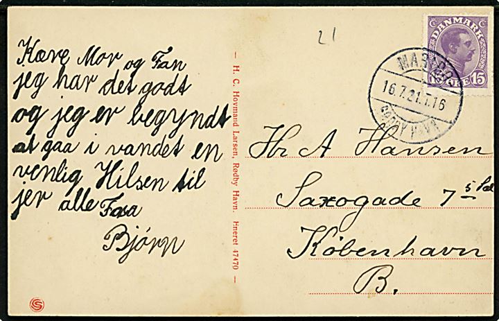 15 øre Chr. X på brevkort (Parti fra Rødby Havn) annulleret med bureaustempel Maribo - Rødby Havn T.16 d. 16.7.1921 til København.