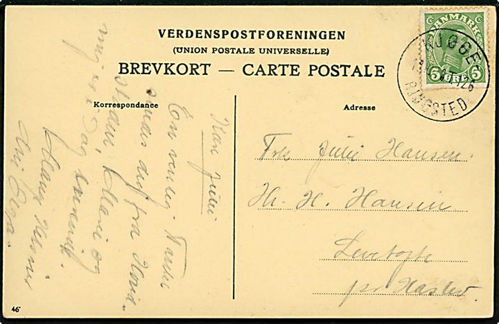 5 øre Chr. X på brevkort annulleret med bureaustempel Kjøge - Ringsted T.126 d. 1?.10.1918 til Haslev.