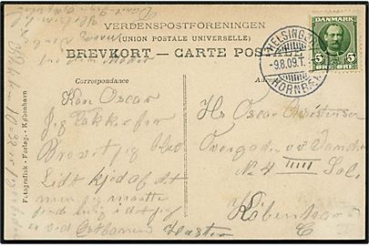 5 øre Fr. VIII på brevkort (Hornbæk, Solbade, Fotografisk Forlag no. 8) annulleret med bureaustempel Helsingør - Hornbæk T.? d. 9.8.1909 til København.