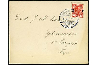 10 øre Soldaterfrimærke på brev fra menig i 19. Batl. 2. Komp. annulleret brotype Ia Vordingborg JB.P.E. d. 23.11.1917 til Langesø på Fyn.