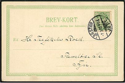 5 øre Våben på brevkort (Hilsen fra Løgstør) annulleret med brotype Ia Løgstør JB.P.E. d. 2.9.1903 til Flemløse St.