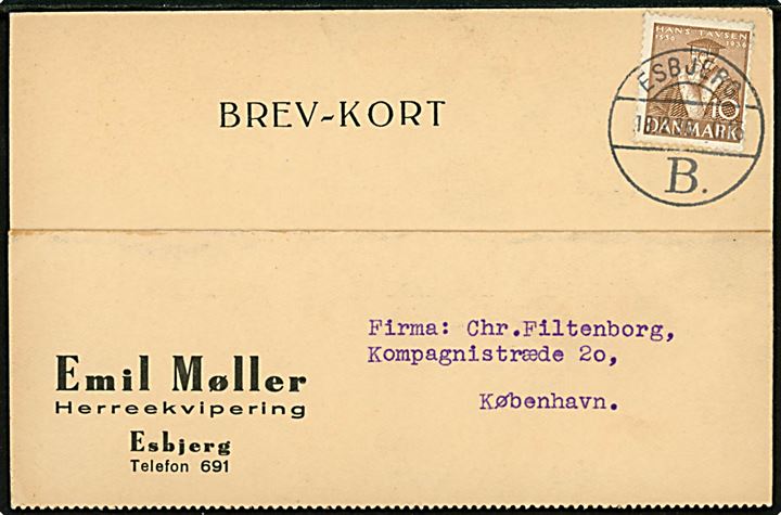 10 øre Tavsen på brevkort annulleret brotype Vc Esbjerg B. d. 16.12.1936 til København.