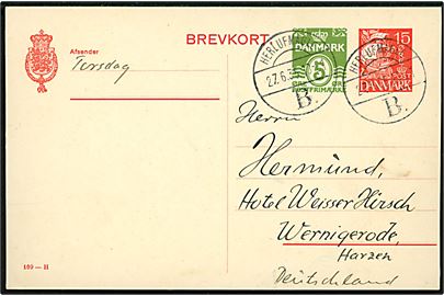 15 øre + 5 øre provisorisk helsagsbrevkort (fabr. 109-H) annulleret med brotype Vc Herlufmagle B. d. 27.6.1935 til Wernigerode, Tyskland.