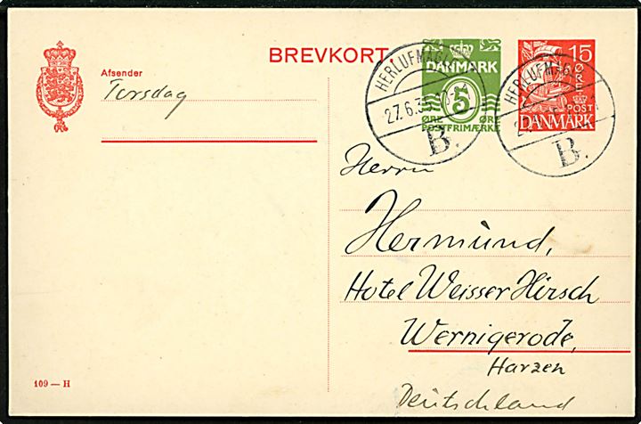 15 øre + 5 øre provisorisk helsagsbrevkort (fabr. 109-H) annulleret med brotype Vc Herlufmagle B. d. 27.6.1935 til Wernigerode, Tyskland.