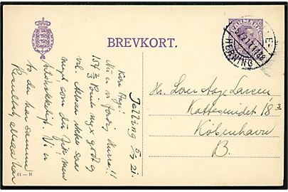 15 øre Chr. X helsagsbrevkort (fabr. 61-H) fra Jelling annulleret bureau Vejle - Herning T.1488 d. 5.7.1921 til København.
