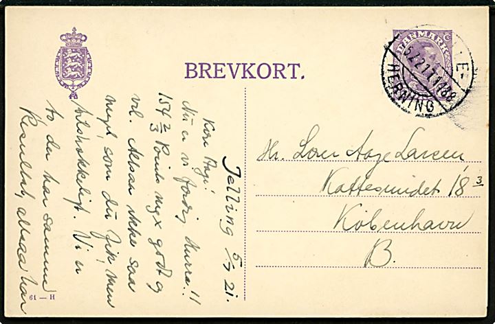 15 øre Chr. X helsagsbrevkort (fabr. 61-H) fra Jelling annulleret bureau Vejle - Herning T.1488 d. 5.7.1921 til København.