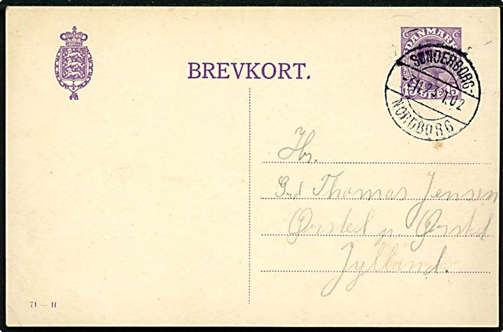 15 øre Chr. X helsagsbrevkort (fabr. 71-H) annulleret med bureaustempel Sønderborg - Nordborg T.02 d. 3.11.1923 til Ørsted.