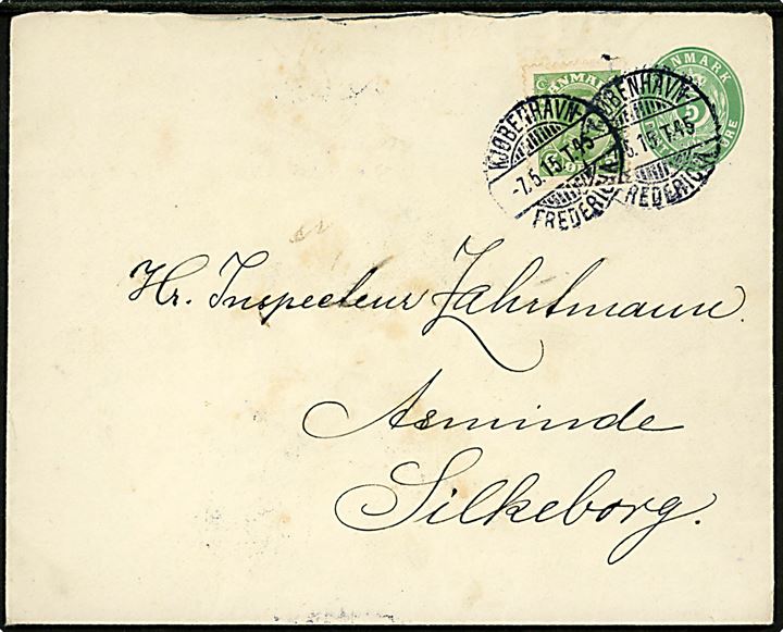 5 øre helsagskuvert opfrankeret med 5 øre Chr. X med tydelig automatafskæring i top og bund annulleret med bureaustempel Kjøbenhavn - Fredericia T.45 d. 7.5.1915 til Silkeborg.