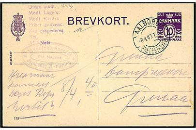 10 øre helsagsbrevkort (fabr. 135) fra Hjørring annulleret med bureaustempel Aalborg - Frederikshavn T.20 d. 8.4.1940 til Grenaa. Afsendt dagen før Danmarks besættelse. 