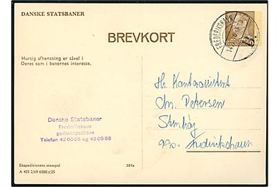 Danske Statsbaner 50 øre Fr. IX helsagsbrevkort (fabr. 389x) med formular A455 annulleret med brotype Vd Frederikshavn B. d. 14.1.1970 til Frederikshavn.