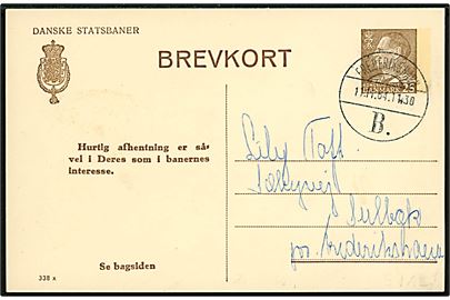 Danske Statsbaner 25 øre Fr. IX helsagsbrevkort (fabr. 338x) med formular A455 annulleret med brotype Vd Frederikshavn B. d. 11.11.1964 til Frederikshavn.