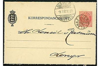 8 øre helsags korrespondancekort annulleret med stjernestempel FLAKKEBJERG og sidestemplet bureau Slagelse - Næstved T.203 d. 9.7.1892 til Korsør.