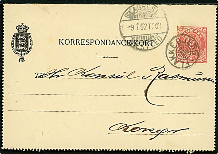 8 øre helsags korrespondancekort annulleret med stjernestempel FLAKKEBJERG og sidestemplet bureau Slagelse - Næstved T.203 d. 9.7.1892 til Korsør.