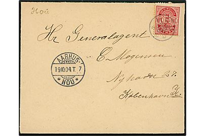 10 øre Våben på brev annulleret med stjernestempel HOU og sidestemplet bureau Aarhus - *Hou* T.7 d. 19.10.1904 til København.