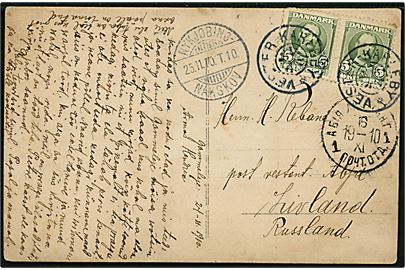 5 øre Fr. VIII i parstykke på brevkort dateret Gammelby annulleret med stjernestempel VESTER-KARLEBY og sidestemplet bureau Nykjøbing - Nakskov T.10 d. 25.11.1910 til Abja, Livland, Rusland. 