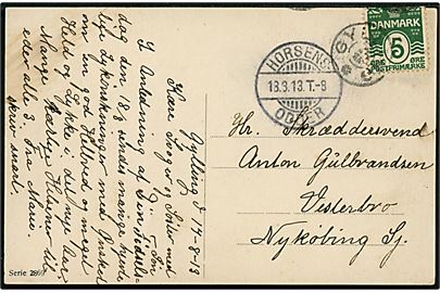 5 øre Bølgelinie (ombøjet) på brevkort annulleret med stjernestempel GYLLING og sidestemplet bureau Horsens - Odder T.8 d. 18.8.1913 til Nykøbing Sj.