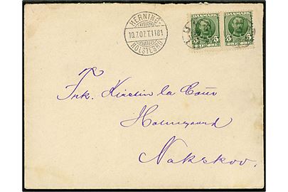 5 øre Fr. VIII i parstykke på brev annulleret med stjernestempel AULUM og sidestemplet bureau Herning - Holstebro T.1181 d. 10.7.1907 til Nakskov.
