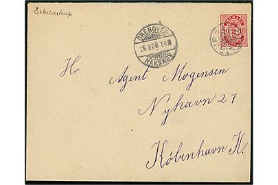 10 øre Våben på brev annulleret med stjernestempel ESKILDSTRUP og sidestemplet bureau Orehoved - Nakskov T.4 d. 26.3.1908 til København.