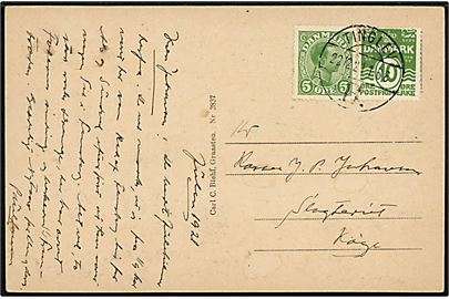 5 øre Chr. X og 10 øre Bølgelinie på brevkort annulleret med brotype Vb Tinglev B. d. 22.2.1921 til Køge. Sjælden anvendelse som annullering, hvor stemplet oftest ses som transitstempel på adressekort.